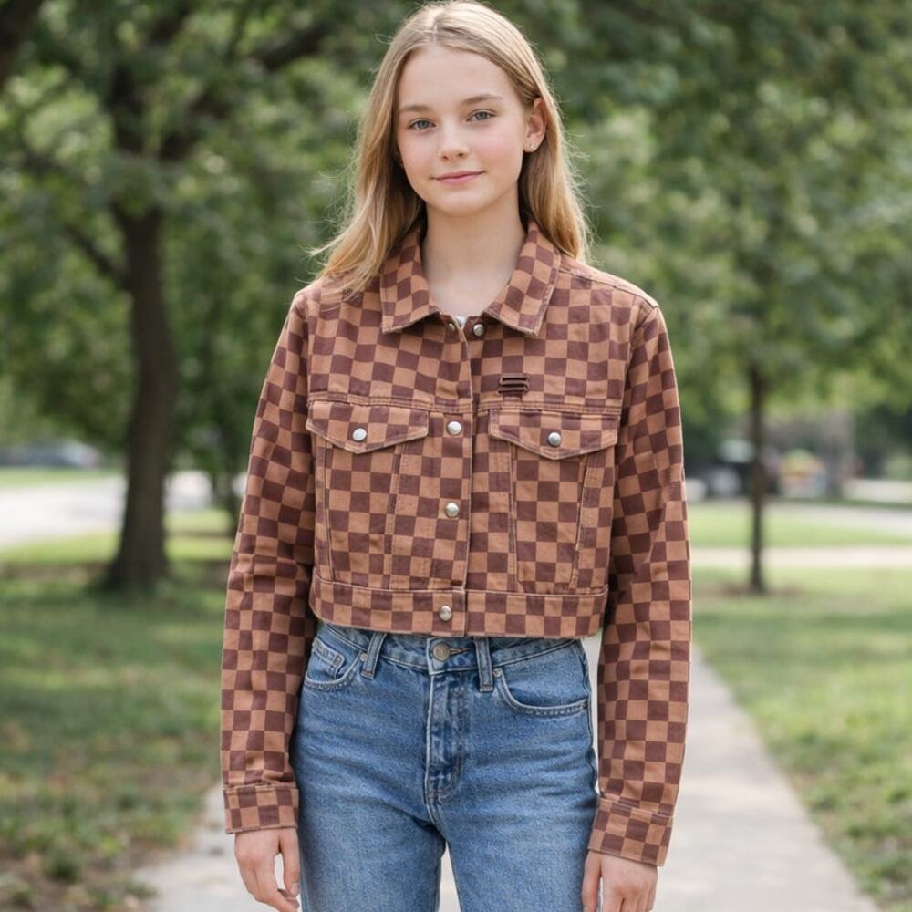 Checkered Crop Denim Jacket Juniors Medium NWT